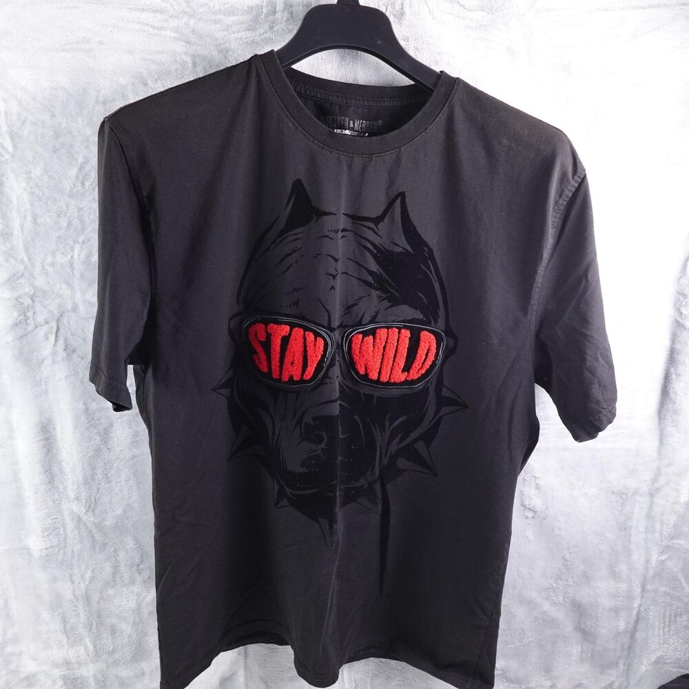 Bleecker & Mercer Shirt Mens 2XL Black Stay Wild Dog Graphic Embroidered